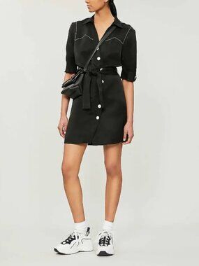 Sandro Paris Florence Black Linen Blend Western Shirt Dress Belted NWT Size 6